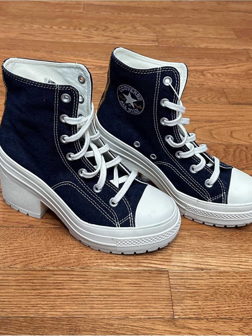 High Top Heeled Converse- Denim and White